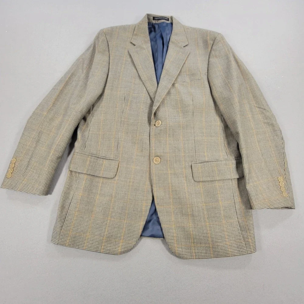 Bruce‎ Julian Wool Blazer Houndstooth Windowpane Tan Blue Men's 40R Sport Coat